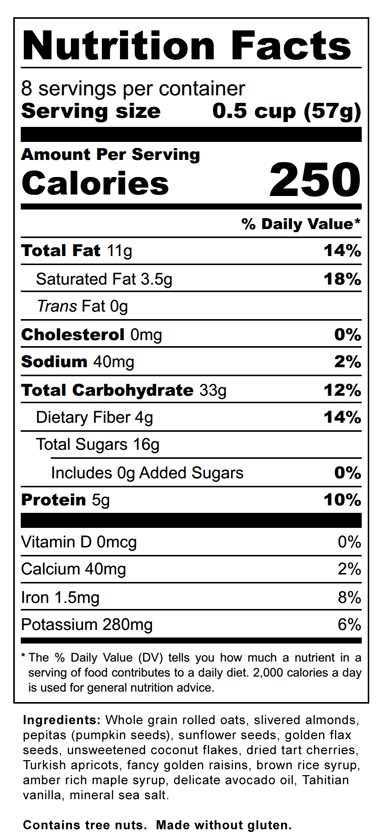 Cherry Coconut Granola - Nutrition Label