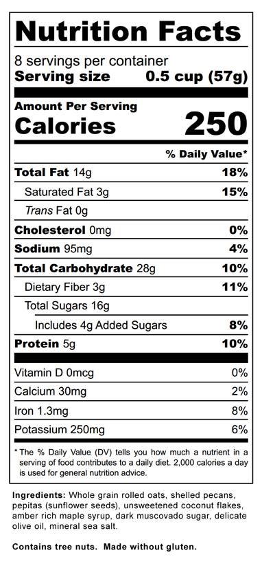 Morning Glory Granola - Nutrition Label